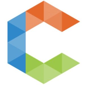 Geometric letter C logo with blue, orange, and green triangles.